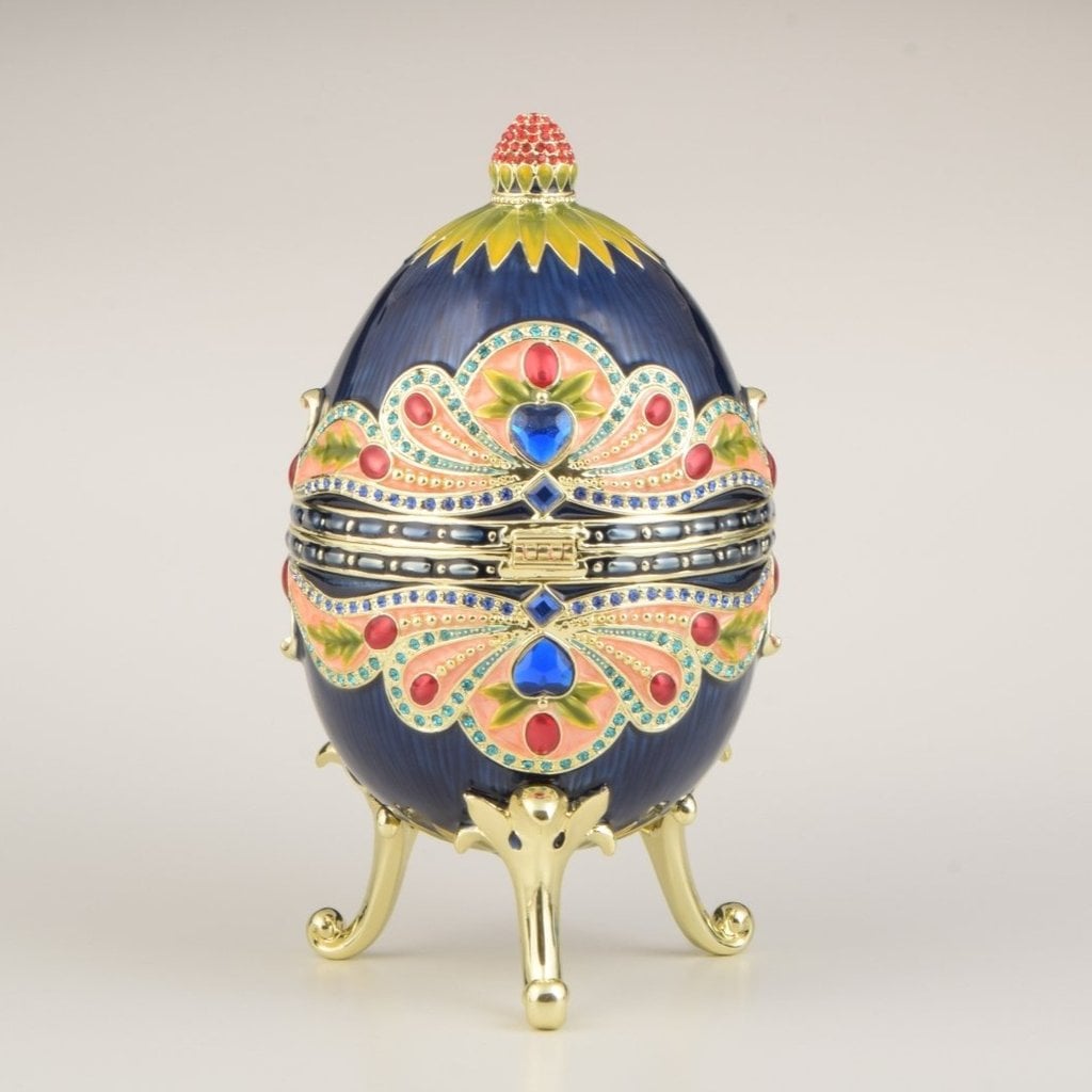 Colorful Blue Russian Egg Enamel Painted Trinket Box with Austrian Crystals