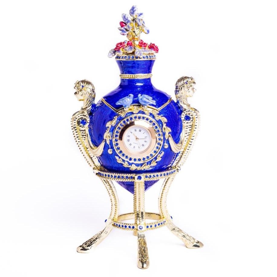E2067 Decorated Faberge Egg with Clock Enamel Painted Trinket Box with Austrian Crystals, Blue -  Keren Kopal