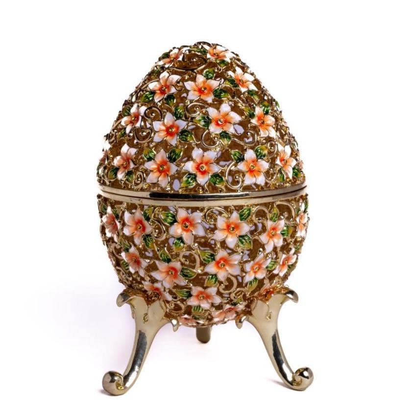 EXF2070 Faberge Egg Decorated with Flowers Enamel Painted Trinket Box with Austrian Crystals -  Keren Kopal