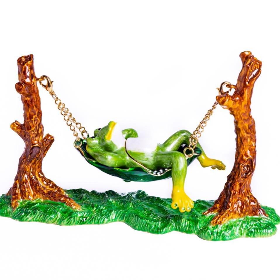 Frog Relaxing on Hammock Enamel Painted Trinket Box with Austrian Crystals
