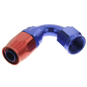 120 deg Fuel Hose Fitting -10 AN Reusable Swivel, Blue & Red