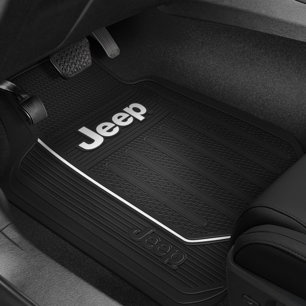 1st Row Black Rubber Floor Mats with Jeep, Black