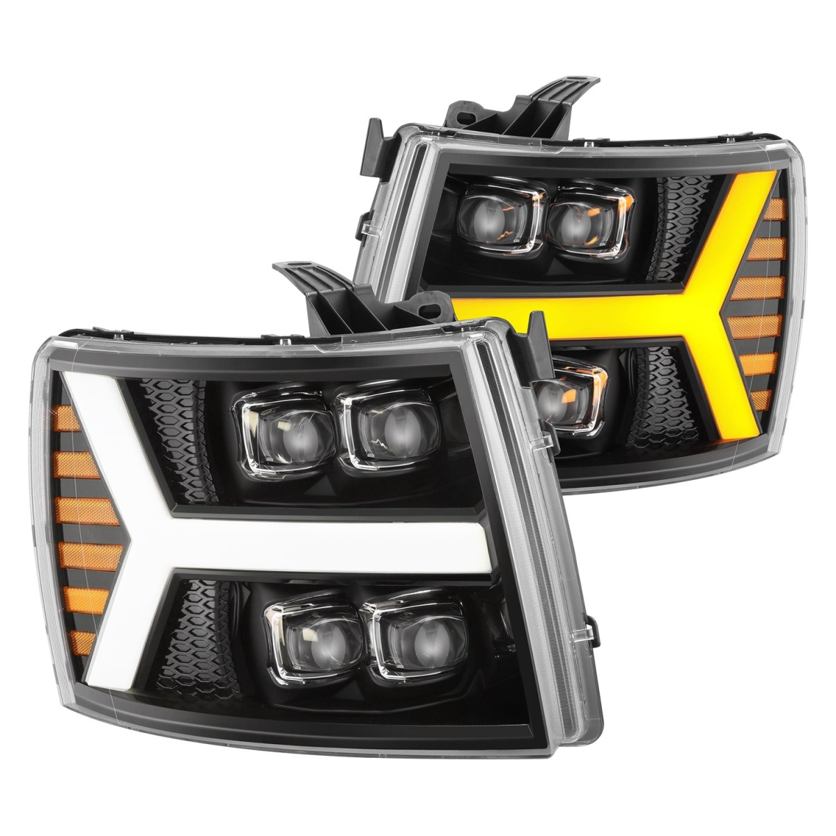 880208 Nova-Series Y-Shape Jet Black Sequential DRL Bar Projector LED Headlights for 2007-2013 Chevy Silverado 1500