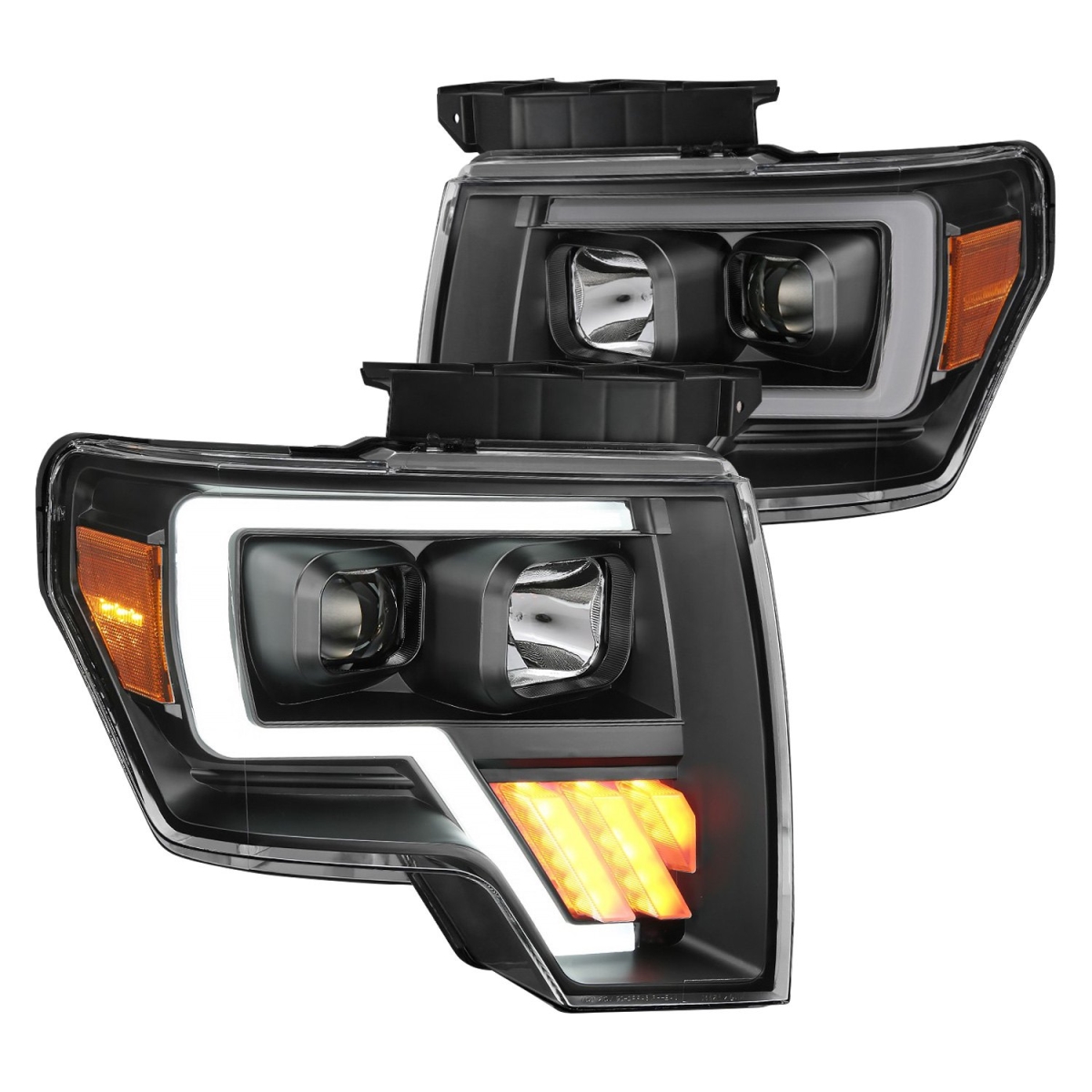 111445Black LED U-Bar Projector Headlights with Amber for 2009-2014 Ford F-150