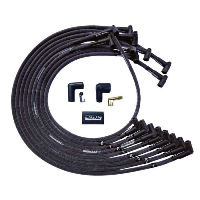 Moroso 51543 90 Deg. BBC Under Header Plug End HEI Sleeved Ultra Spark Plug Wire Set, Black