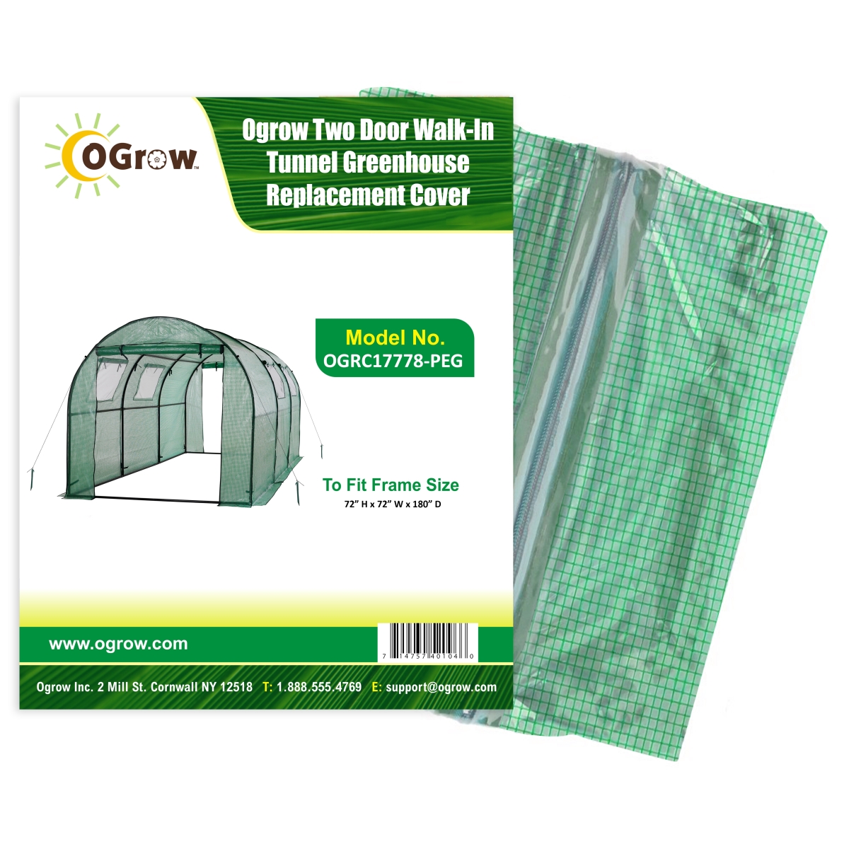 Picture of Ogrow OGRC17778-PEG Two Door Walk-In Tunnel Greenhouse to Fit Frame&#44; Green - 15 x 6 x 6 in.