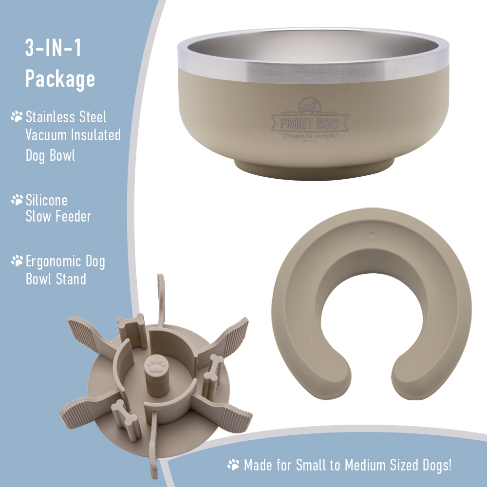 Picture of Front Row FRW-DB003-12 Front Row 3 in 1 Premium Dog Bowl w/ Stainless Steel Vacuum Insulated Dog Bowl, Sand