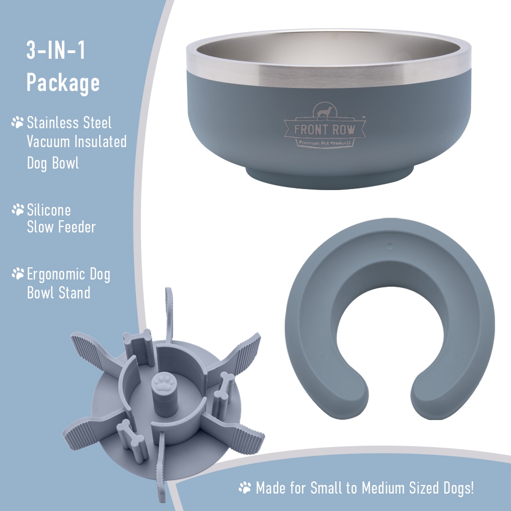 Picture of Front Row  FRW-DB006-12 Front Row 3-in-1 Premium Dog Bowl, w/ Double wall Stainless Steel Vaccuum Insulated Dog Bowl, Suction Cup, Blue