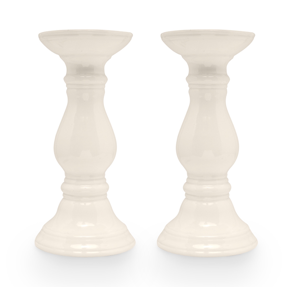 BH-C02000-06  9' Candle Holder Set, Ceramic Candle Stick Holder, Pillar or Taper Candles, Set of 2 White