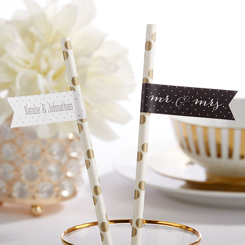 31489NA Personalized Party Straw Flags - Mr. & Mrs.