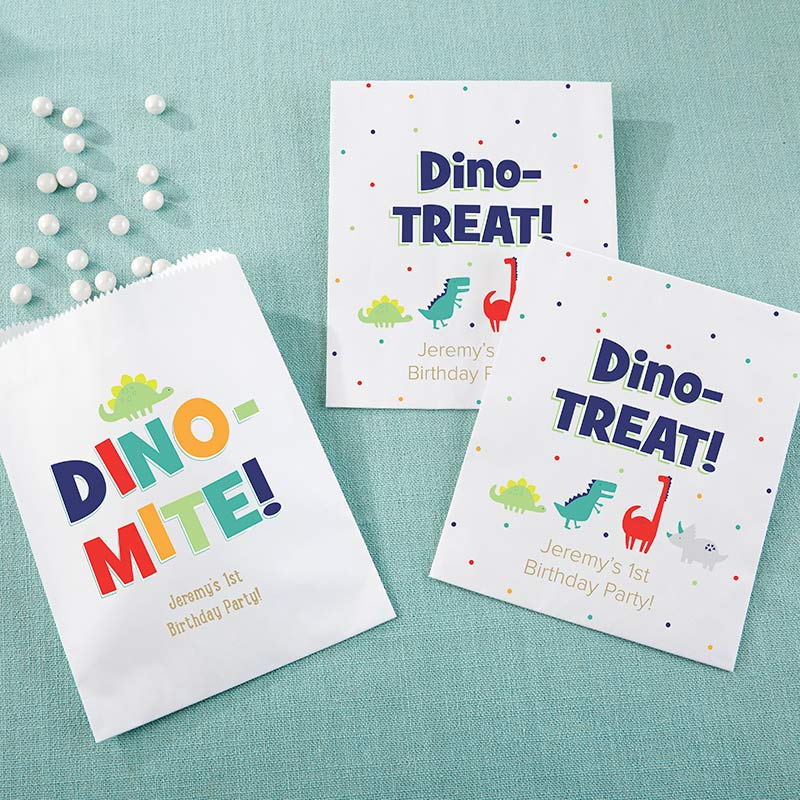 38000WT-DPT Personalized White Goodie Bag - Dino Party, Set of 12
