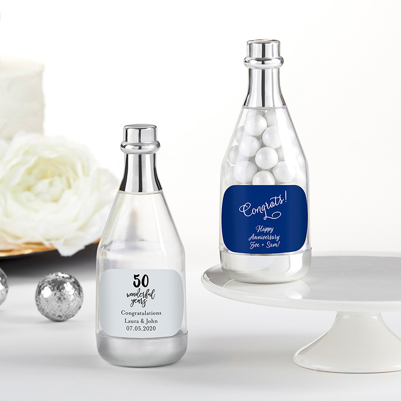 18187NA-AN Personalized Silver Metallic Champagne Bottle Favor Container - Anniversary, Set of 12