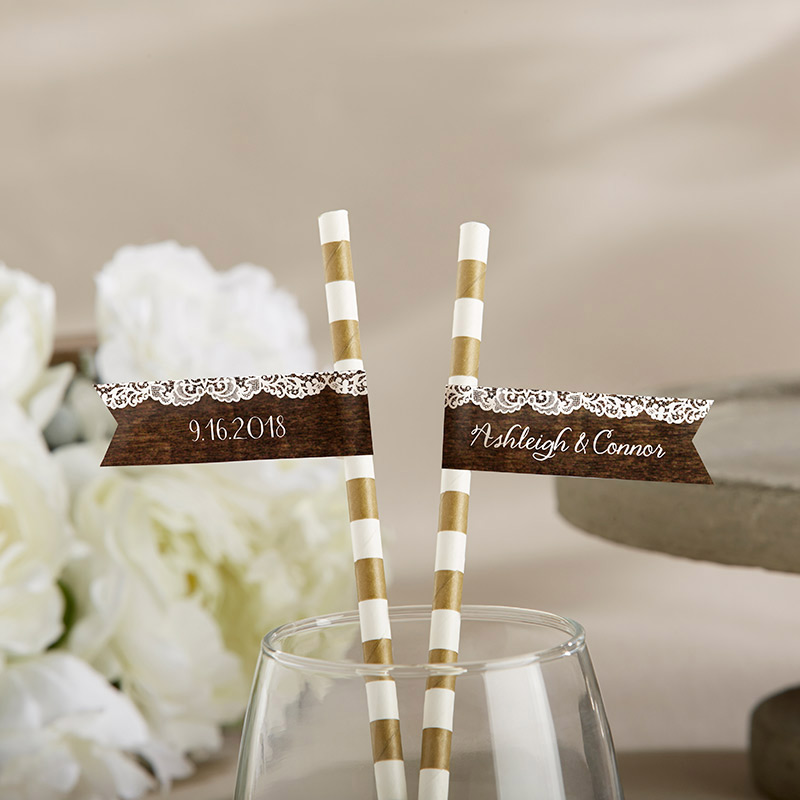 31856NA Personalized Party Straw Flags - Rustic Charm Wedding