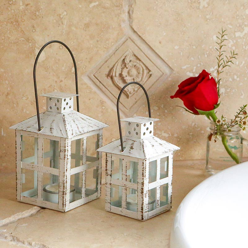 14130WT Vintage White Distressed Lantern - Medium