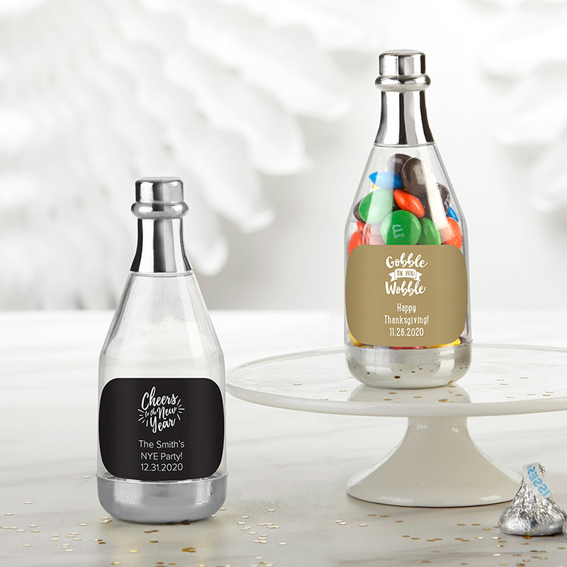 18187NA-HL Personalized Silver Metallic Champagne Bottle Favor Container - Holiday, Set of 12