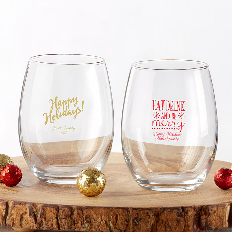 30009NA-HOL 9 oz Personalized Stemless Wine Glass - Holiday -  Kate Aspen