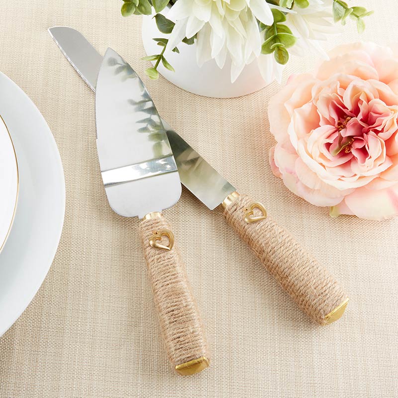 25355NA Gold Heart Wedding Knife & Cake Server Set
