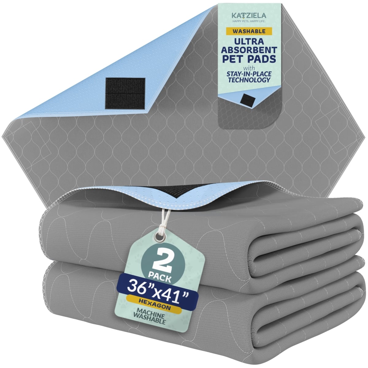 KAT-PRO-HPPGW-36X41 Quick-Drying Washable Pee Pads for Dogs with Hook & Loop, Rectangular  36  41 (2 Pack)
