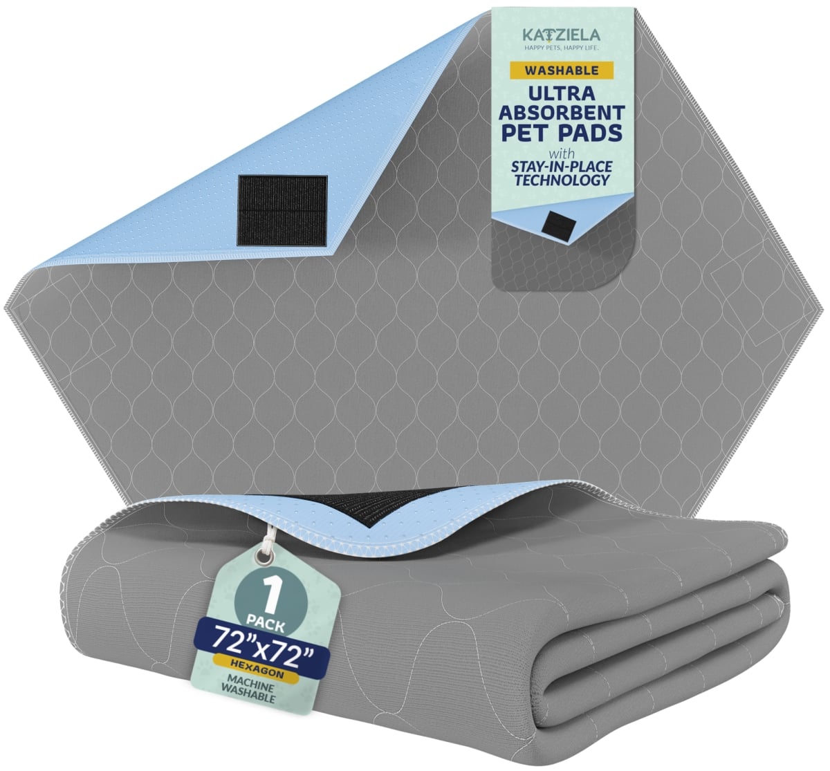 KAT-PRO-HPPGW-72X72 Quick-Drying Washable Pee Pads for Dogs with Hook & Loop, Rectangular, 72 x 72 Inches (1 Pack)