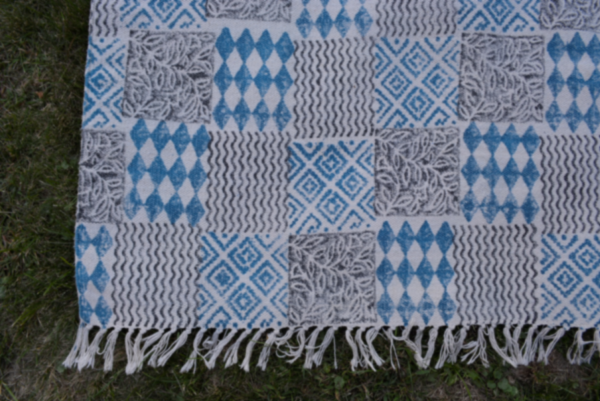 OMTX3146-Square Indigo Dyed Handwoven Block Printed Cotton Square Rug with Floral Design