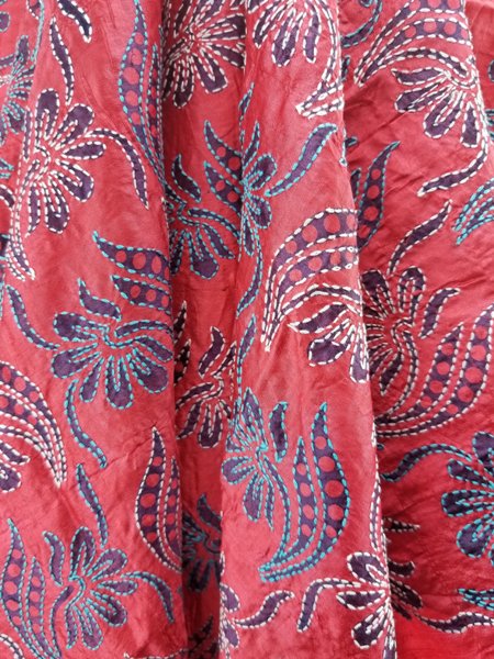 Hand Embroidered Kantha Silk Shawl - Red