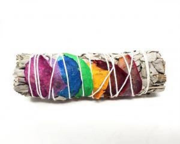 3-4 in. 7-Chakra Sage Smudging Herbs with 7 Color Rose Petals - 3 Bundle, White Sage