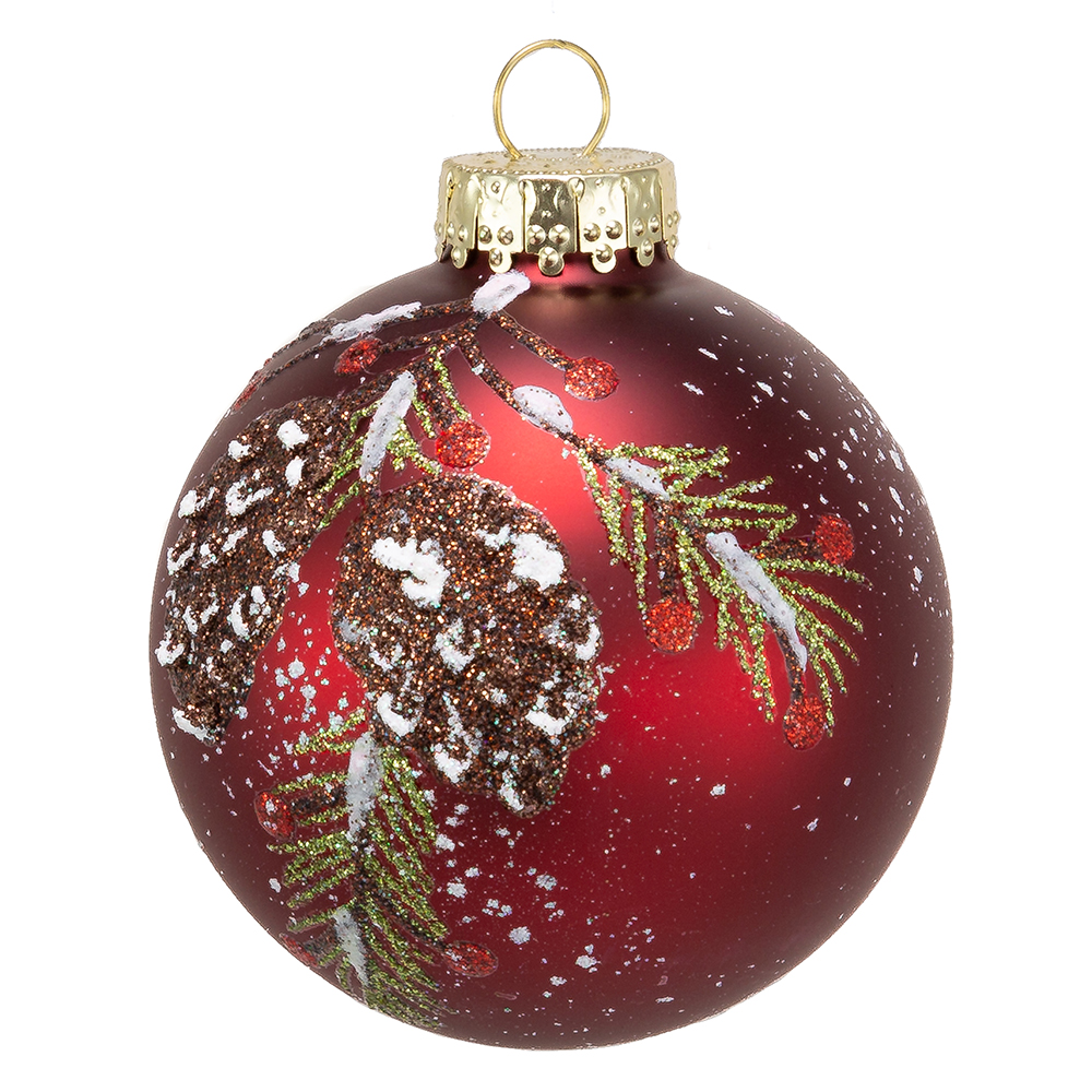 80 mm Glass Red with Pinecone Design Christmas Ornaments Ball, 6 Piece