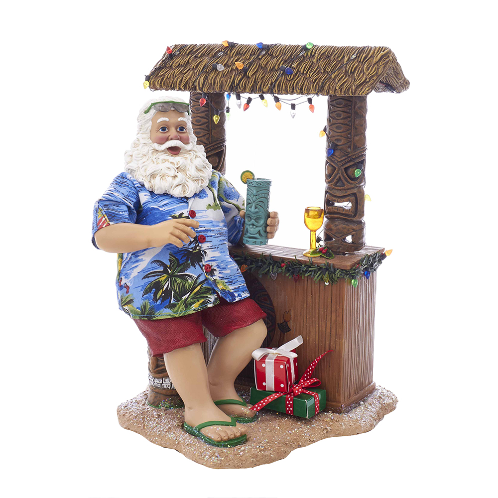 Kurt S. Adler C2519 11 in. Fabrich Beach Santa Figurine Sitting At Tiki Bar