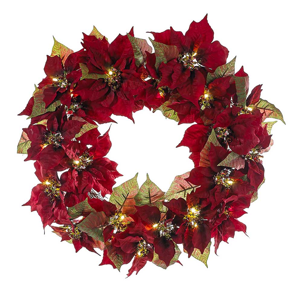 24 in. Battery-Operated Red Poinsettia LED Wreath