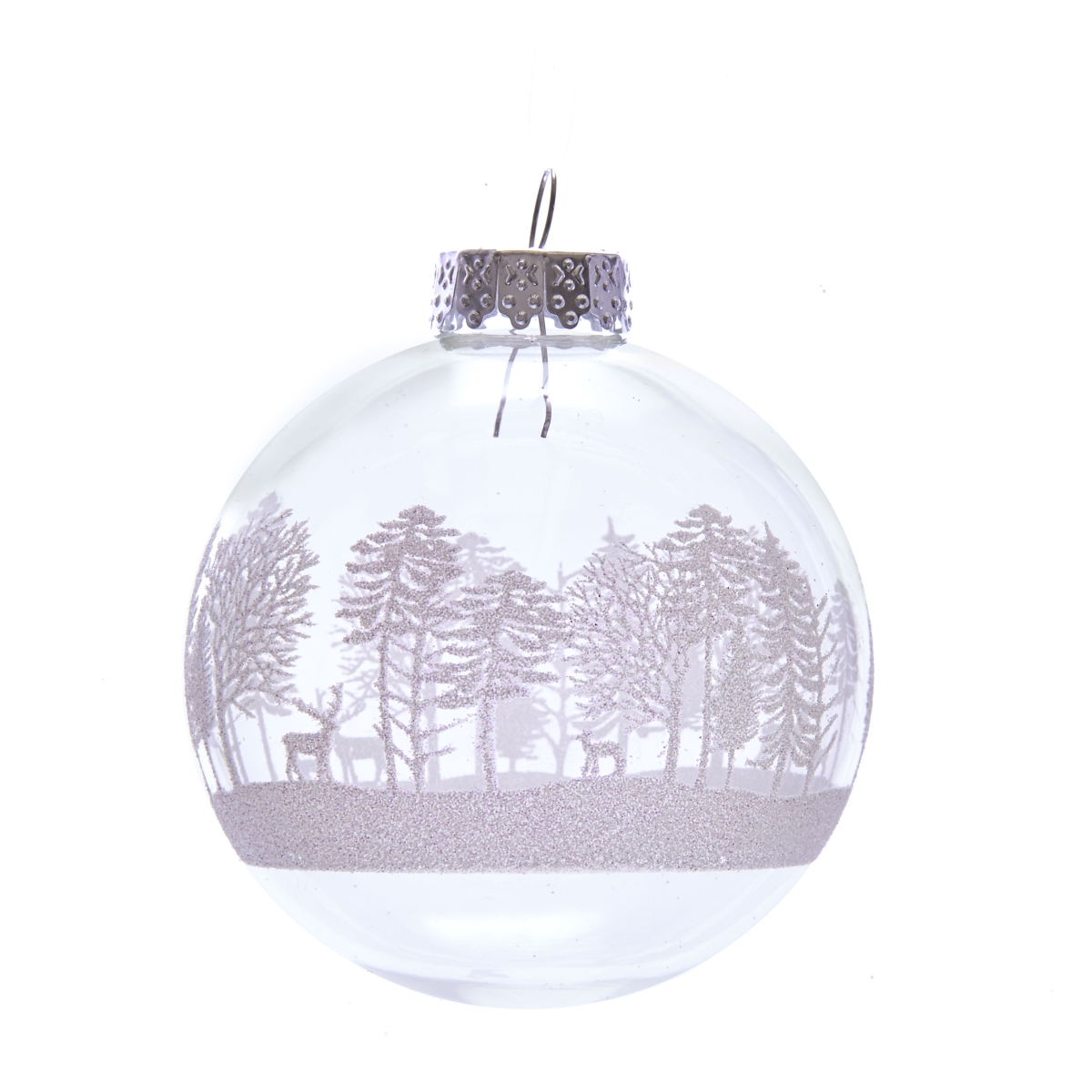 80 mm Clear with White Tree Design Glass Ball Ornaments, 6 Piece