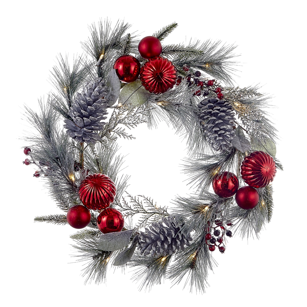 22 in. Battery-Operated Red Berries, Balls & Silver Pinecone Wreath