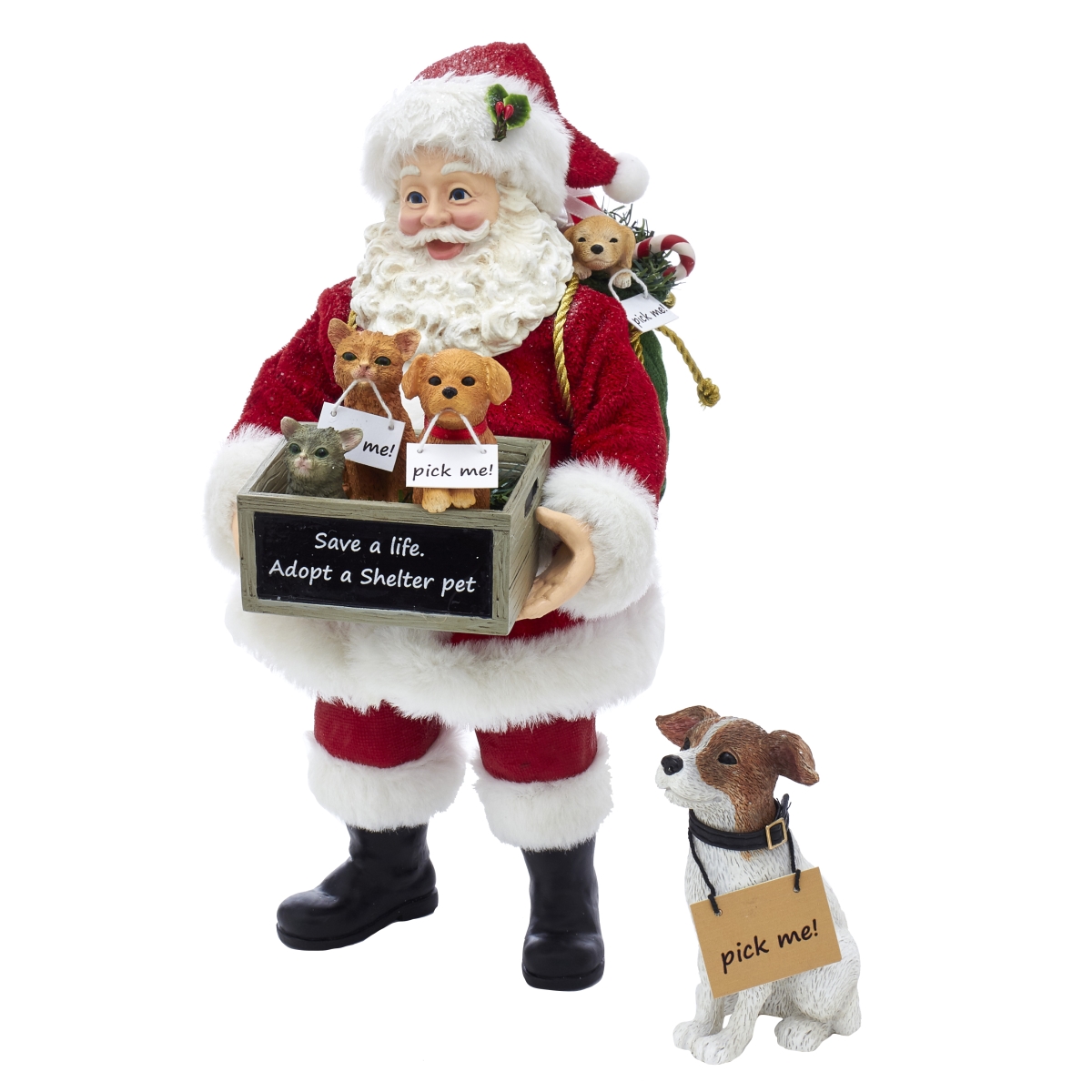 10.5 in. Fabrich Adopt-a-Pet Santa with Dog Set, 2 Piece