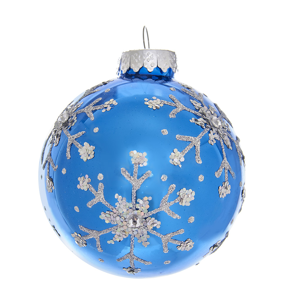 80 mm Blue & Silver Glitter Snowflake Glass Ball Ornaments, 6 Piece