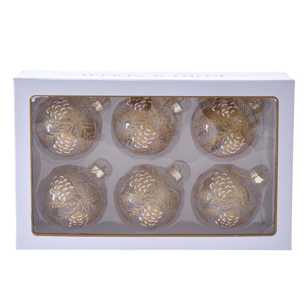 80 mm Clear with Gold Pinecones Glass Ball Ornaments, 6 Piece