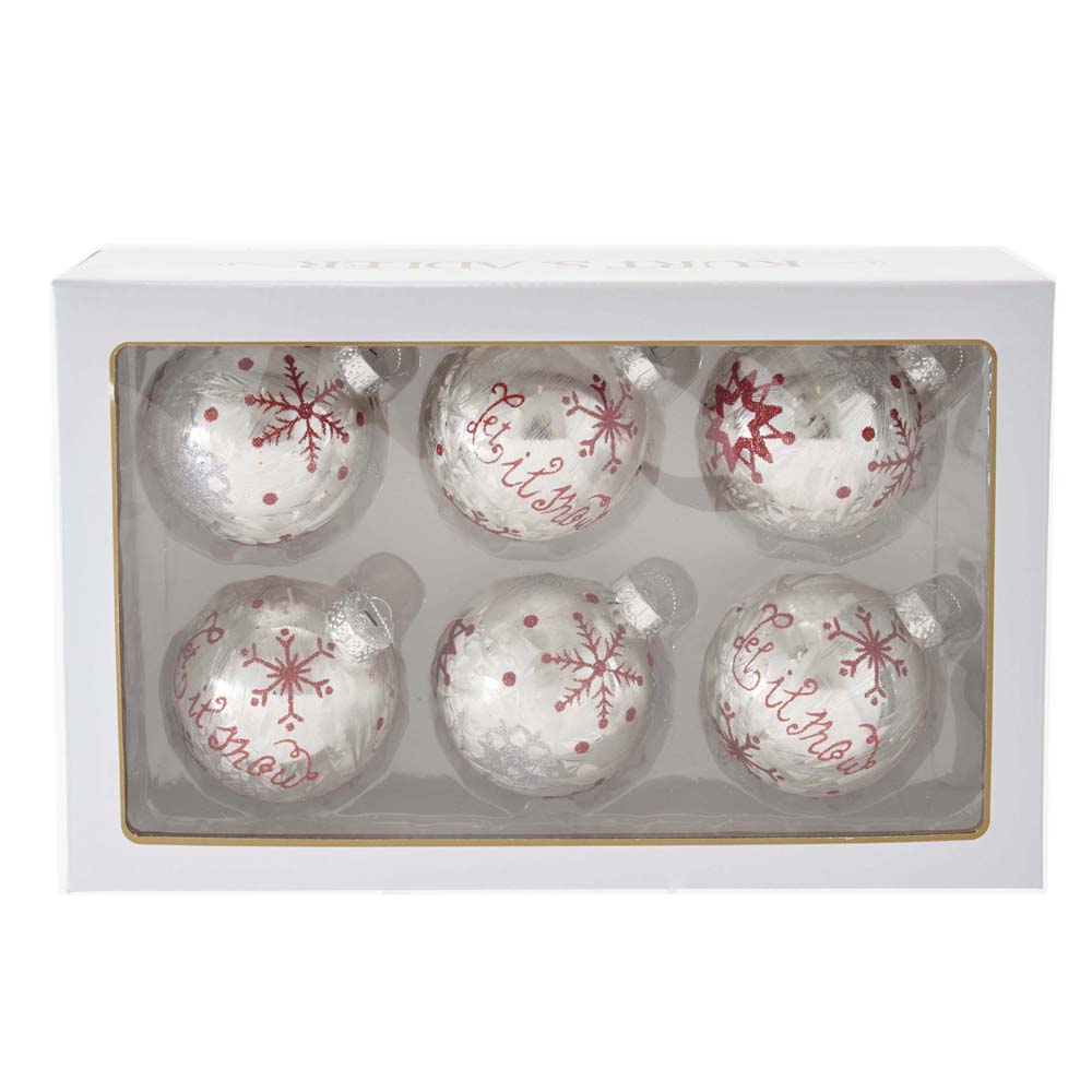 80 mm Silver with Red Snowflake Glass Ball Ornaments, 6 Piece