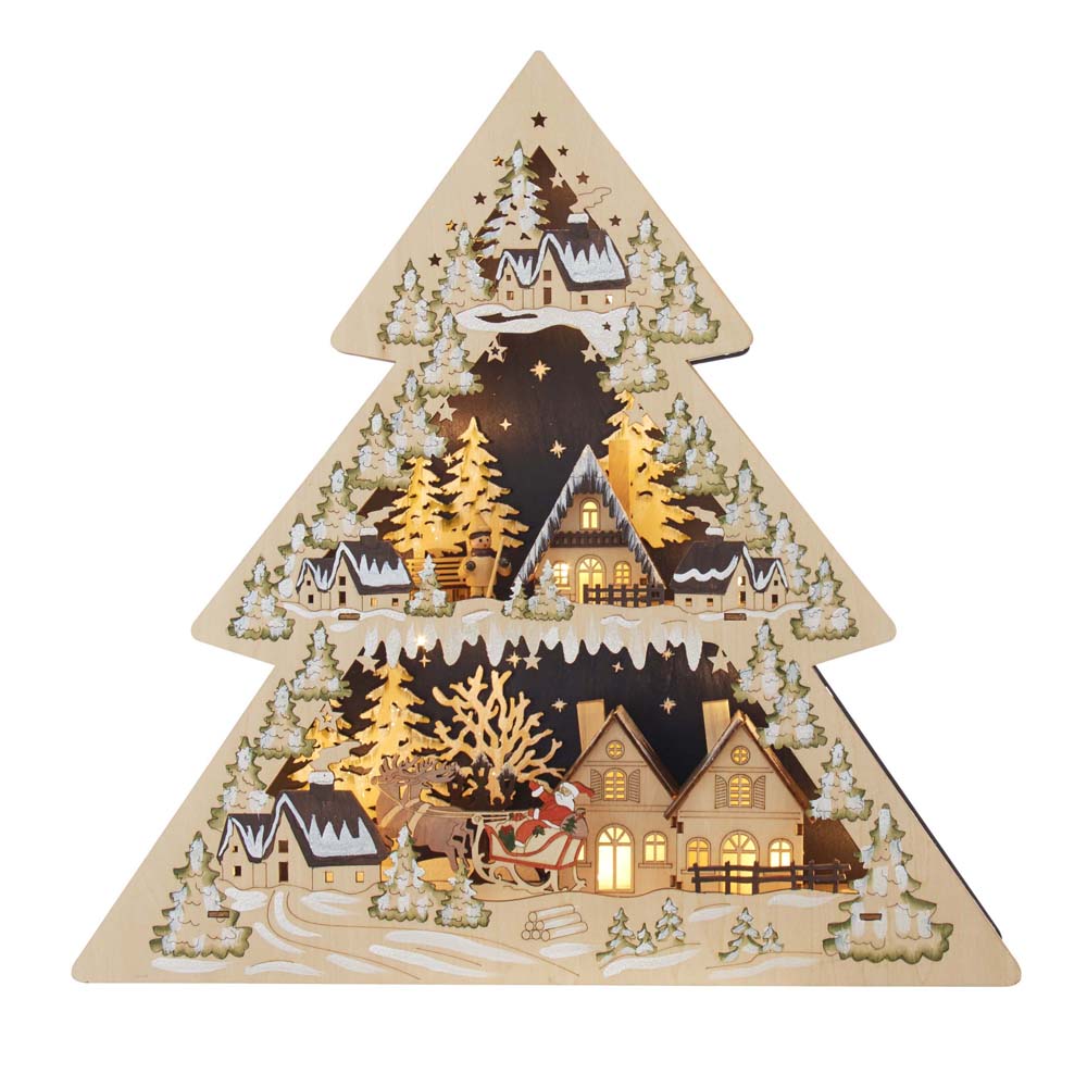 17 in. Battery-Operated Light Up Wooden Tree Shaped Village