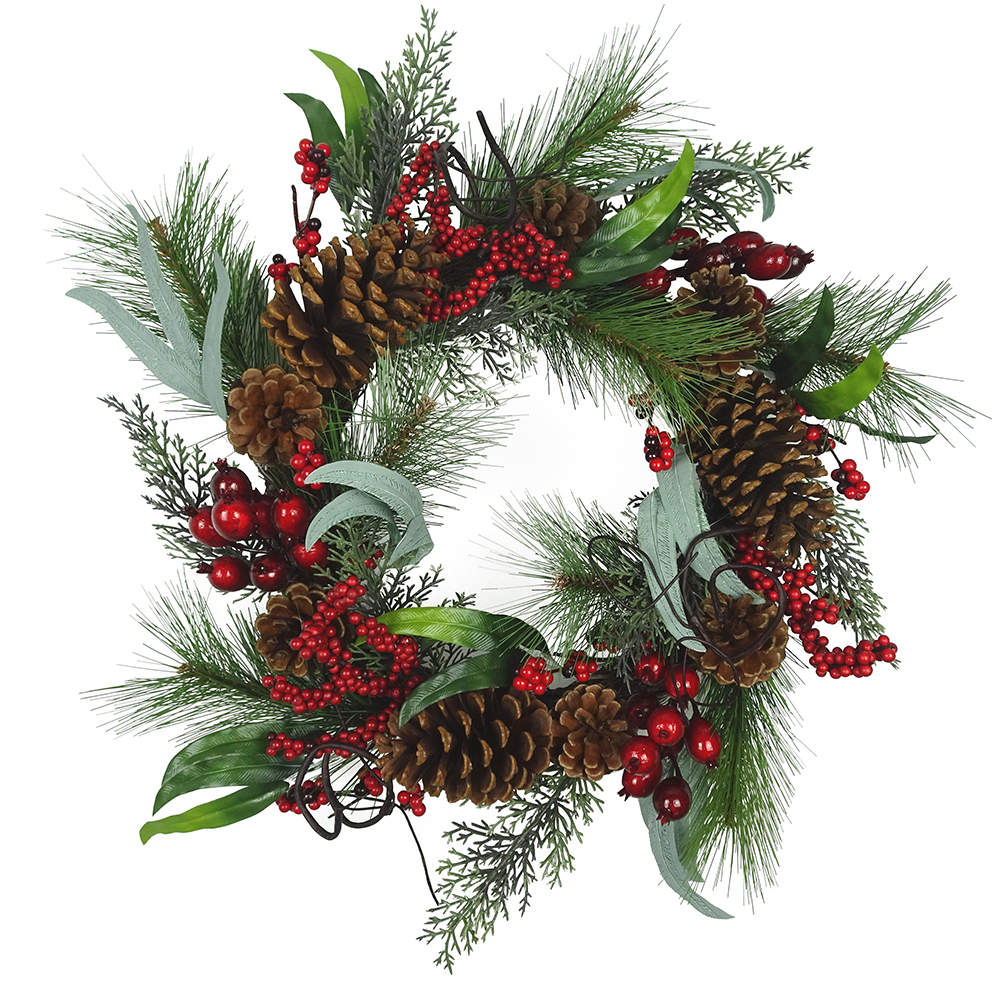 20 in. Wreath with Red Berries, Leaves & Pinecones
