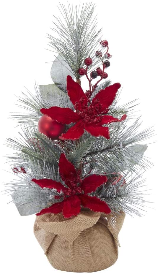 18 in. Flocked Tree with Berries & Poinsettia in Burlap Base