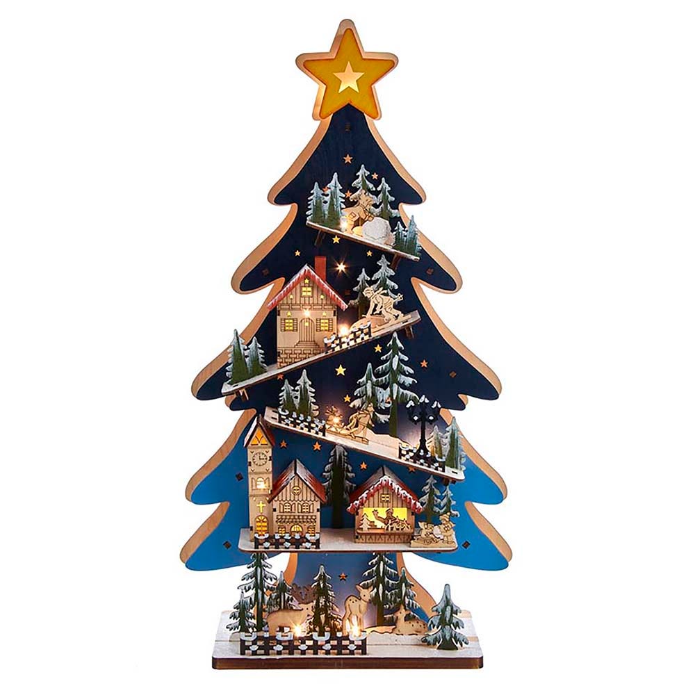 23.6 in. Battery-Operated Light Up Wooden Christmas Tree with Village Scene