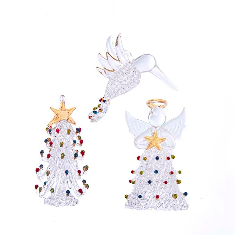 3 in. Multi Color Spun Glass Angel, Tree & Bird Ornaments Set - 3 Piece