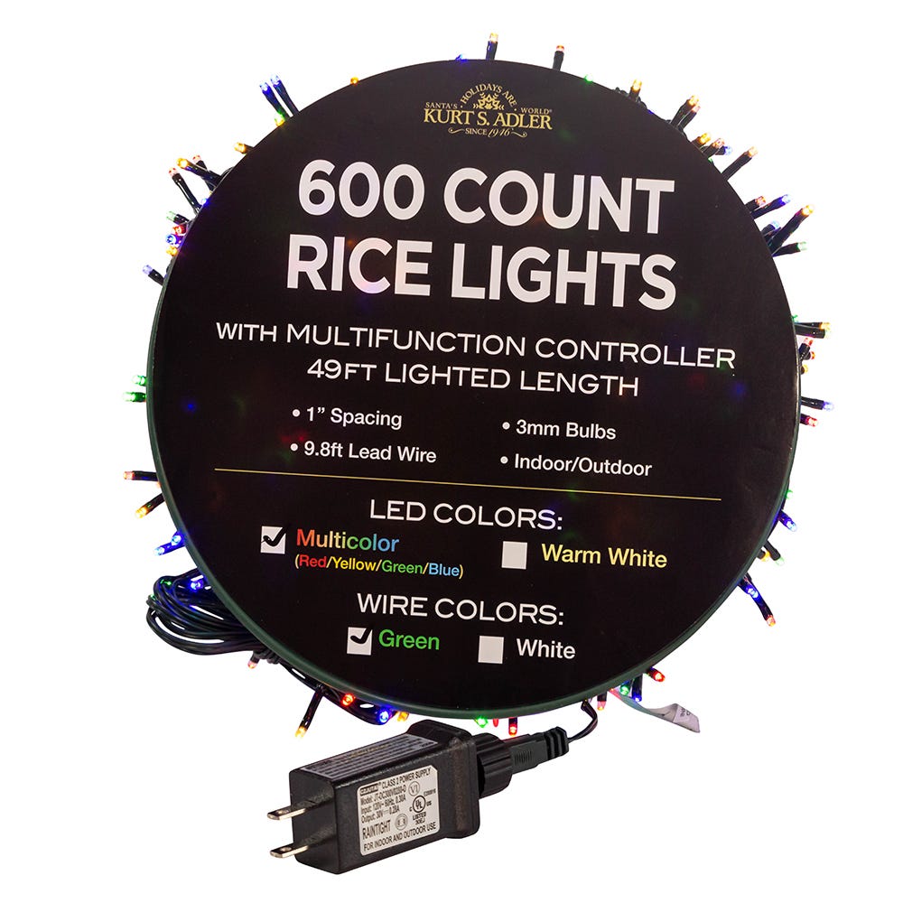 Kurt Adler AD1034M 49 ft. 600-Light LED Rice Light Set, Multi Color