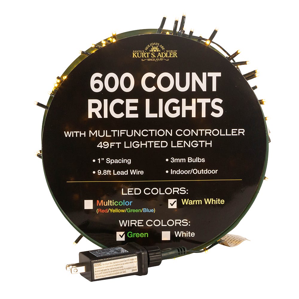Kurt Adler AD1034WW 49 ft. 600-Light LED Rice Light Set, Warm White
