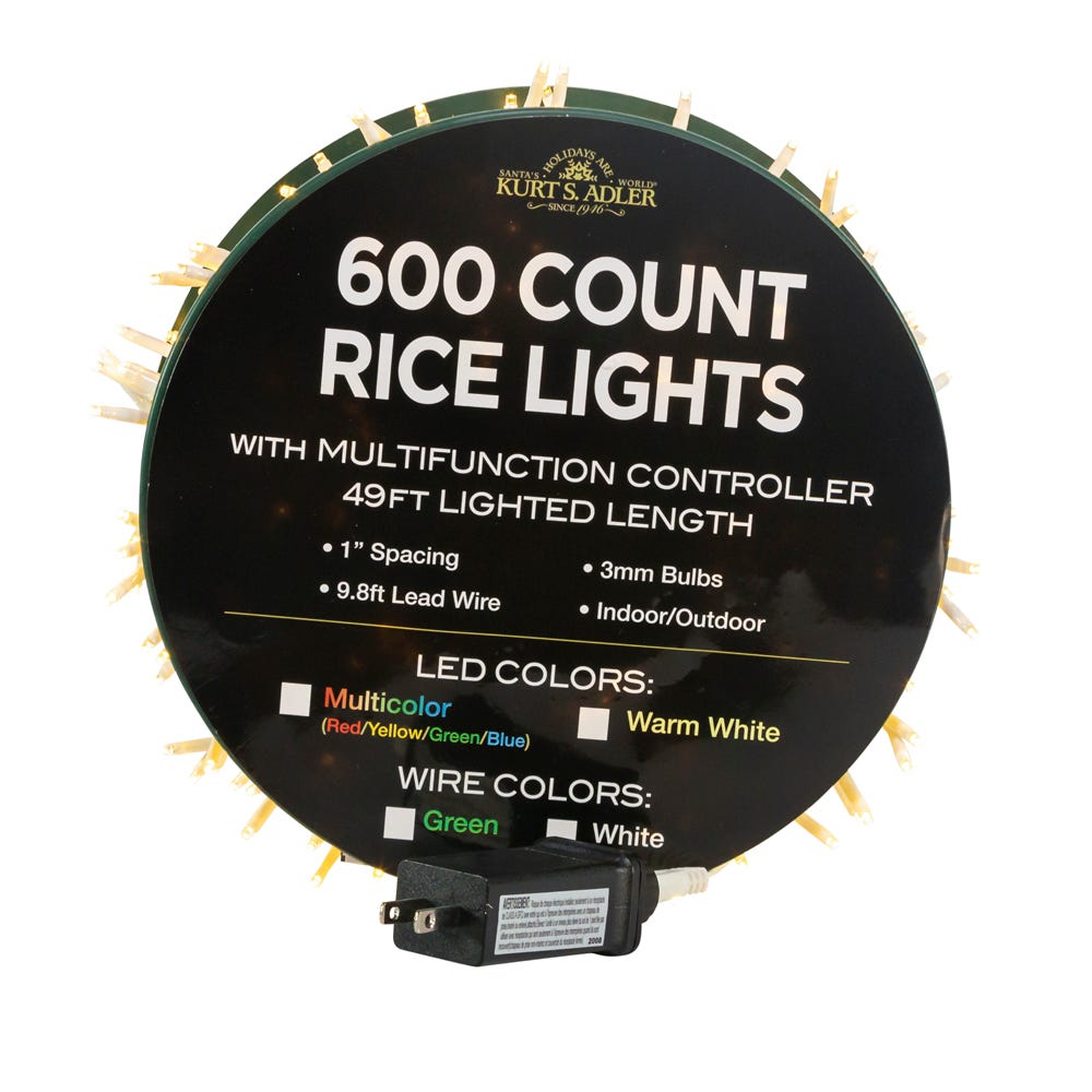 Kurt Adler AD1037WW 49 ft. 600-Light LED Wire Rice Lights, Warm White