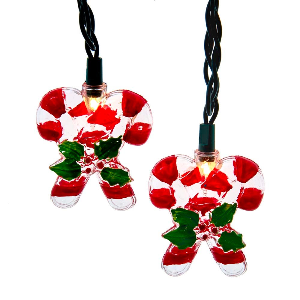 10-Light Candy Cane with Holly Leaves & Berries Light Set, Multi Color