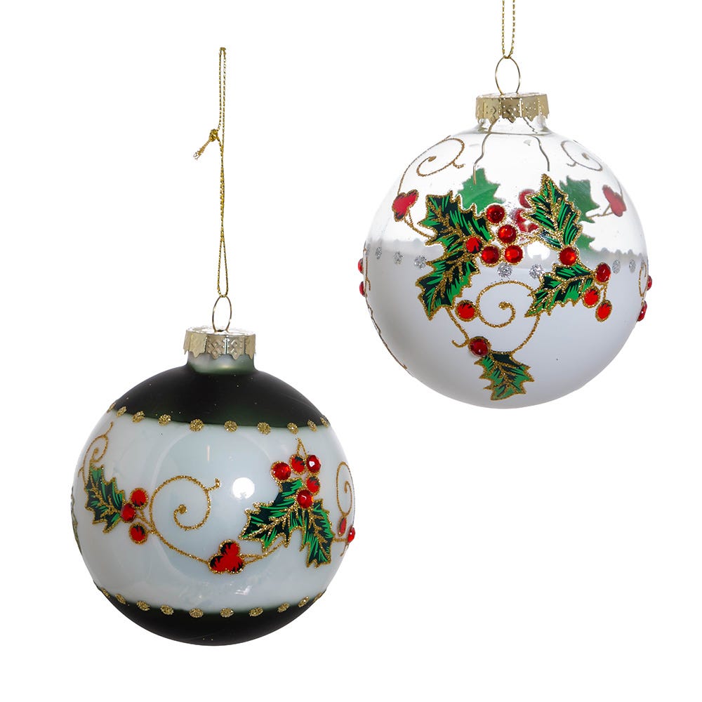 80 mm Holly Leaves & Berries Glass Ball Ornaments - 6 Piece -  SeasonSuprise, SE3027885