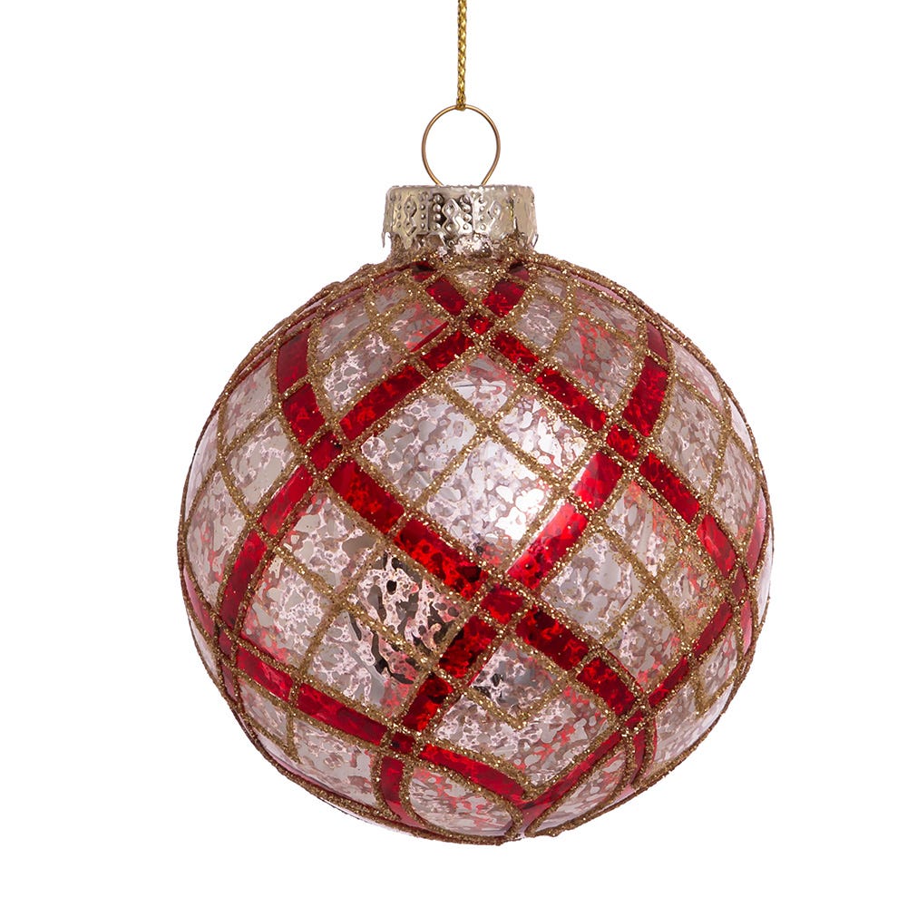 80 mm Plaid Glass Ball Ornaments, Silver, Gold & Red - 6 Piece