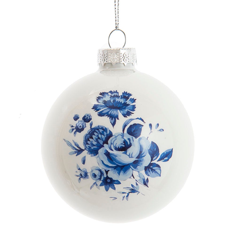 80 mm Shiny Glass Ball Ornaments Set, Delft Blue - 6 Piece