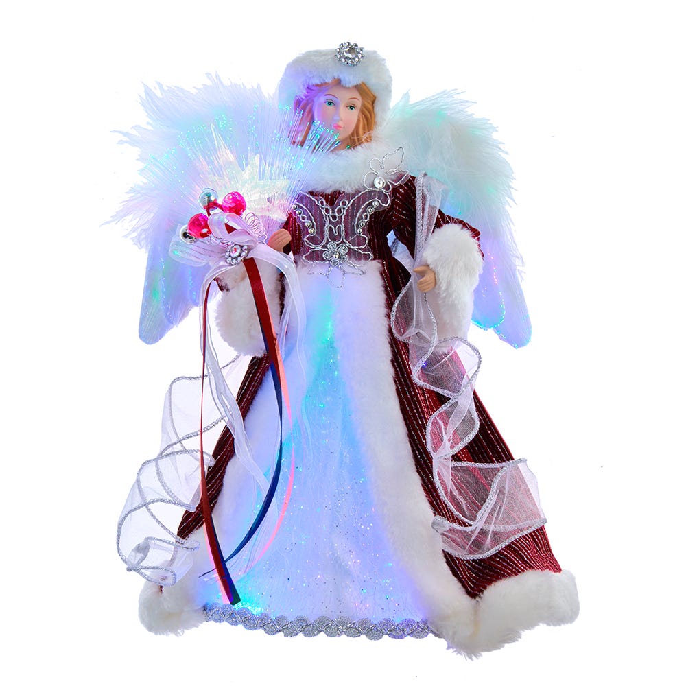 Picture of Kurt Adler AD2003 12 in. Angel Tree Topper with Fiberoptic LED Lights&#44; White&#44; Silver & Burgundy