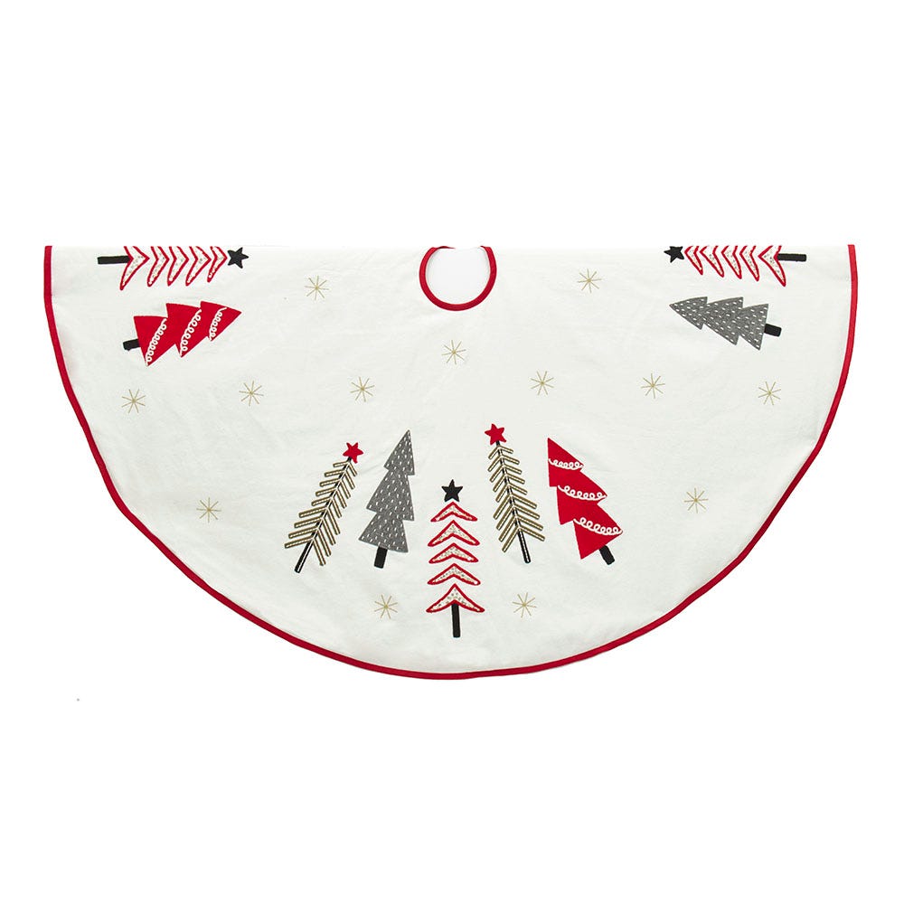 50 in. Embroidered Tree Skirt, Ivory, Green & Red