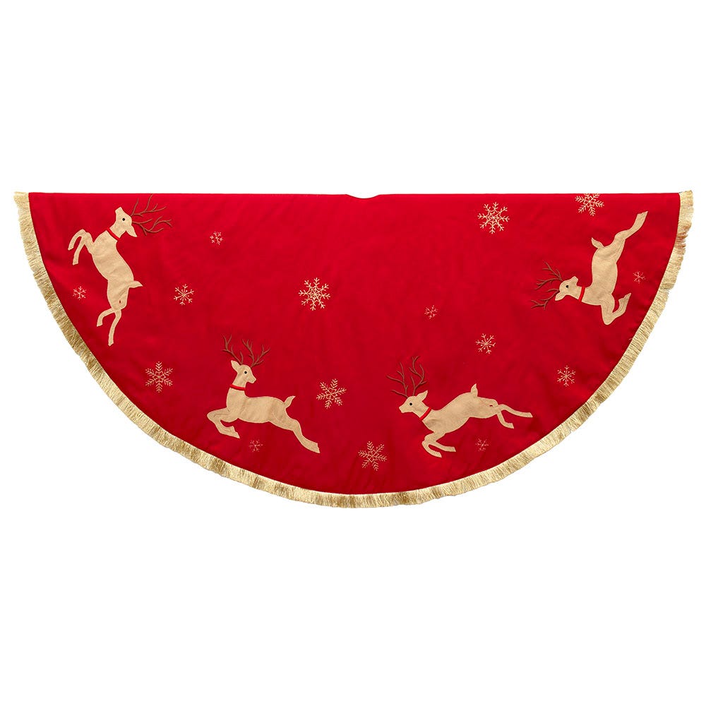 Kurt Adler TS0252 54 in. Patchwork Reindeer Running Tree Skirt, Red & Tan